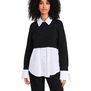 Cinq a Sept Women's M Nelida Long-Sleeve Collared Combo Knit Top Black White